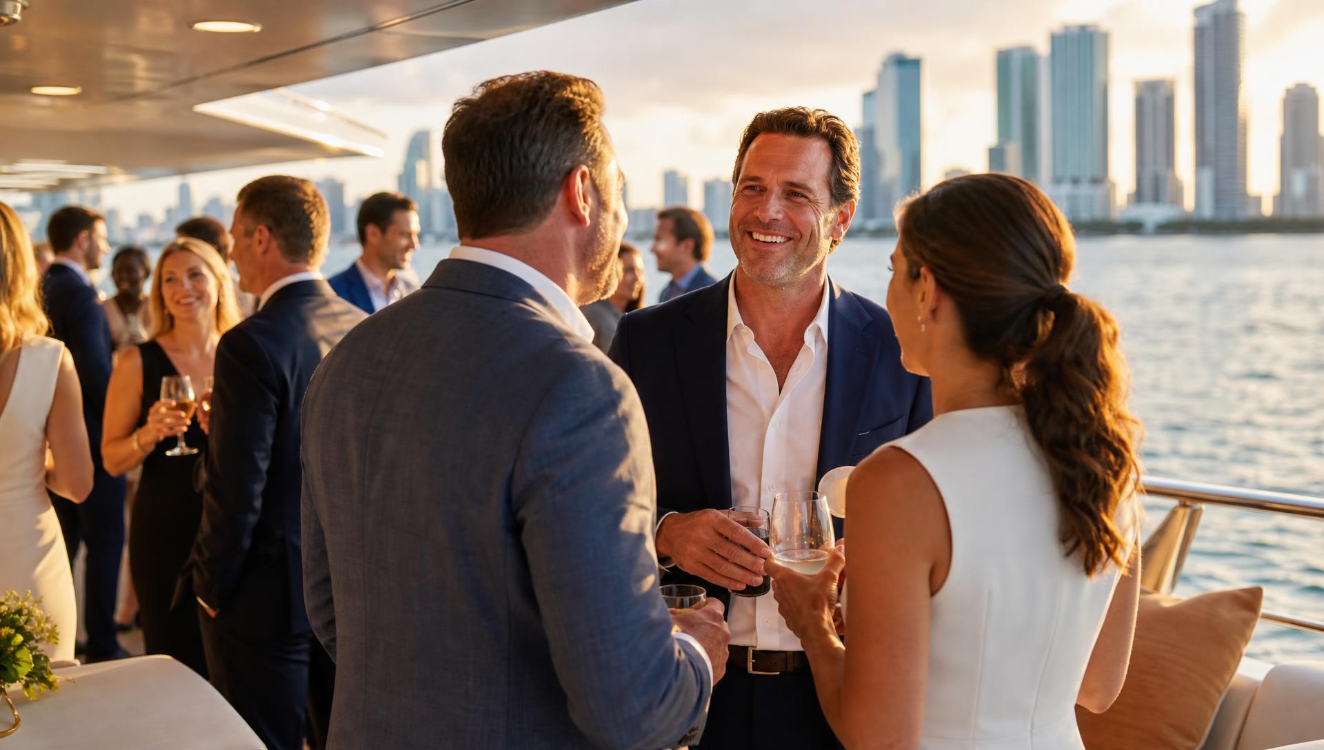Corporate guests networking on a yacht deck with the Miami skyline at sunset