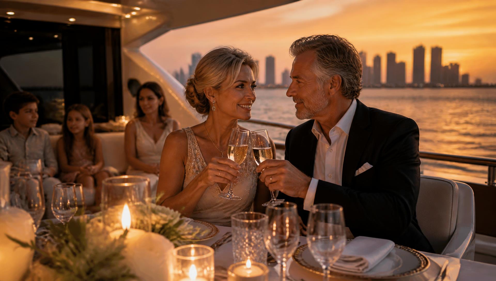 A couple toasting with champagne at a candlelit dinner table on the aft deck of a Miami yacht venue at sunset
