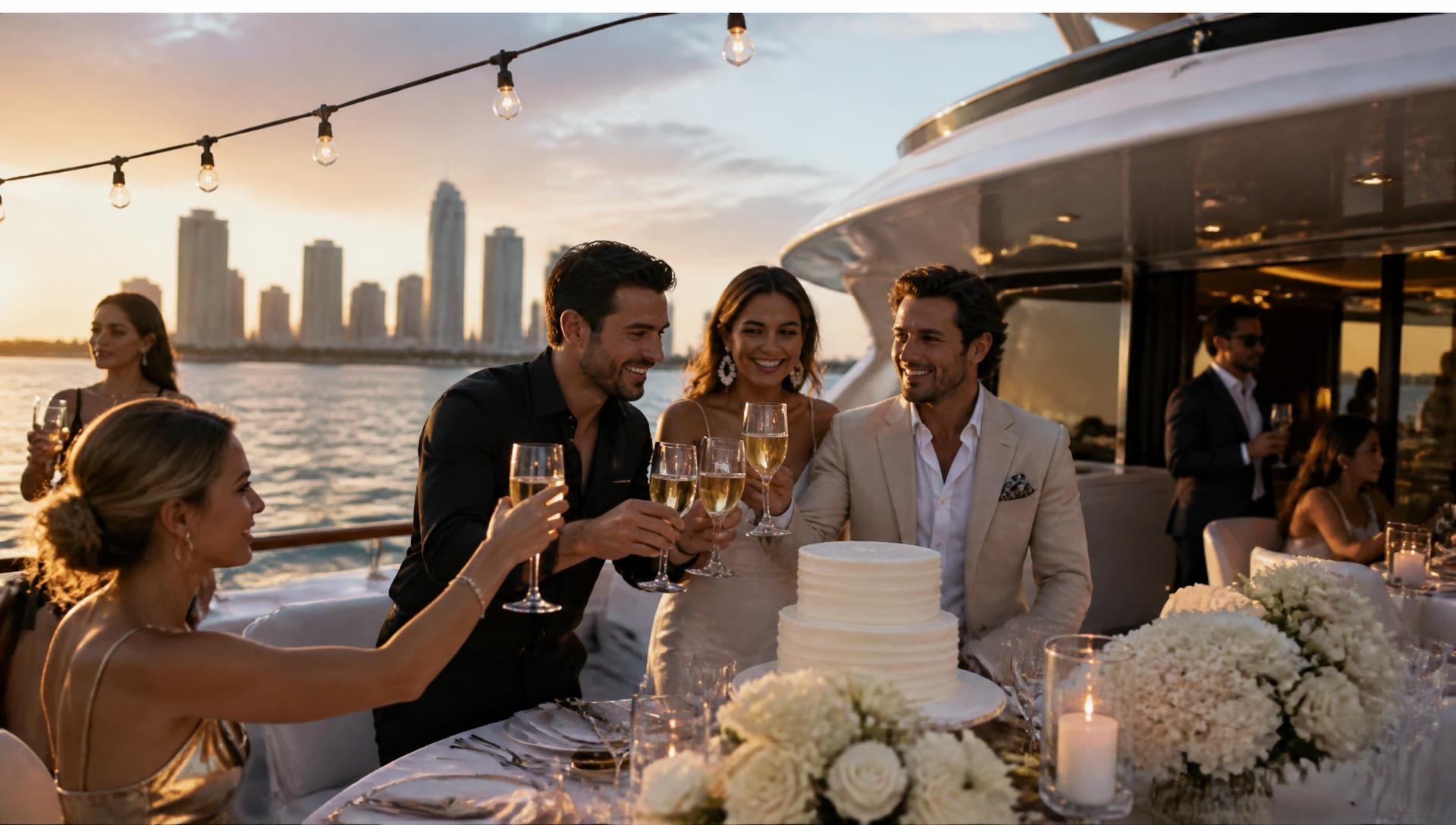 Guests raising champagne glasses around a styled birthday table on the deck of a Miami yacht venue at sunset