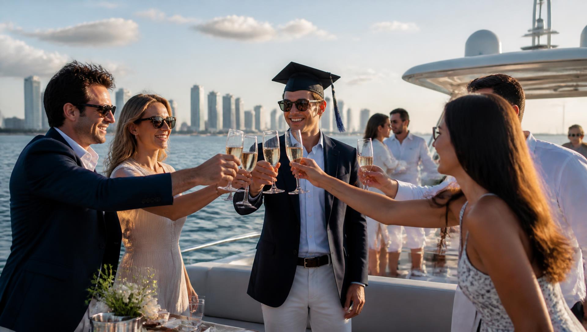 A graduate in a cap toasting with family and friends on the sun deck of a Miami yacht venue with the skyline behind