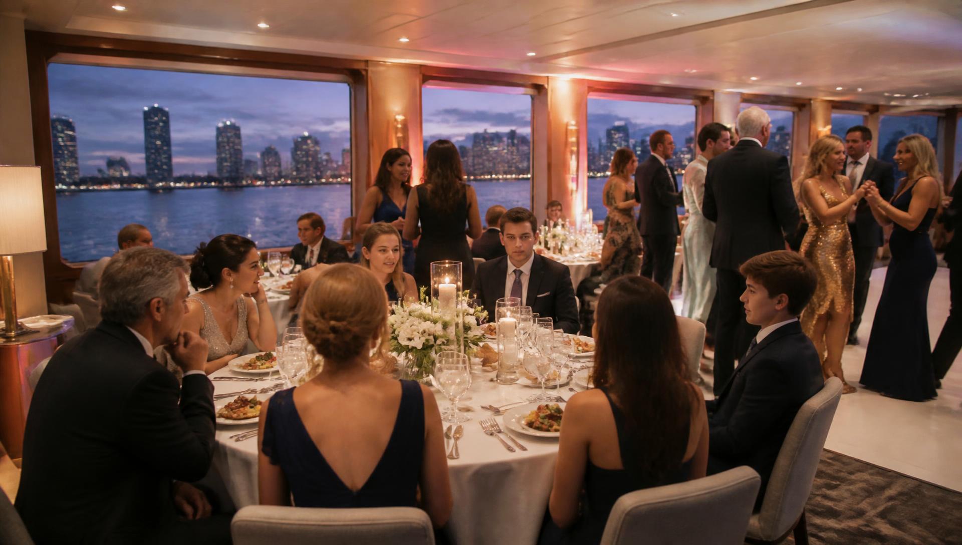 Multigenerational guests at linen-covered dining tables inside the salon of a Miami yacht venue with the waterfront visible through panoramic windows